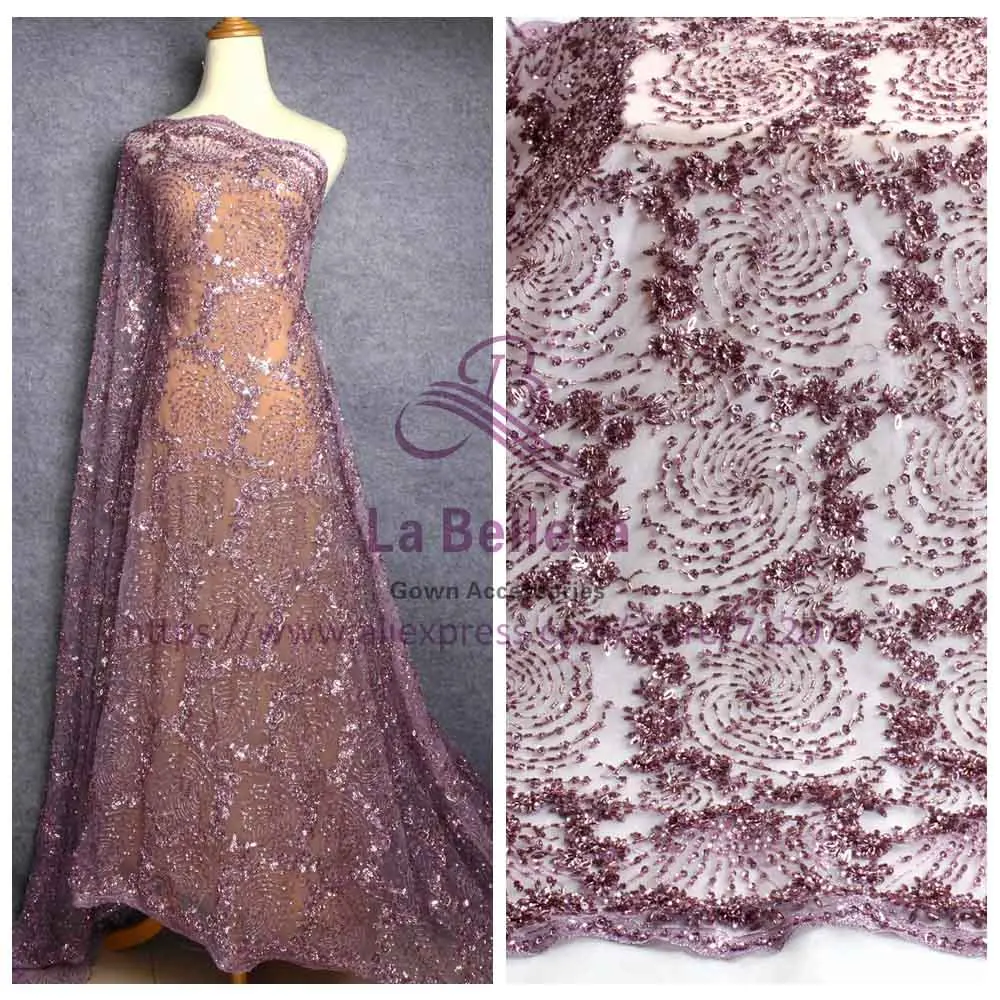 Purple pink La Belleza 1 ярд super heavy handmde бисером фиолетовый розовый вечернее платье кружевной ткани 4" Ширина - Цвет: Purple pink