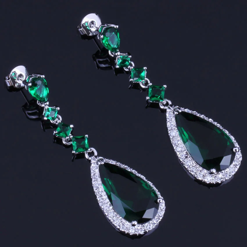 

Divine Long Water Drop Green Cubic Zirconia White CZ Silver Plated Drop Dangle Earrings V0785