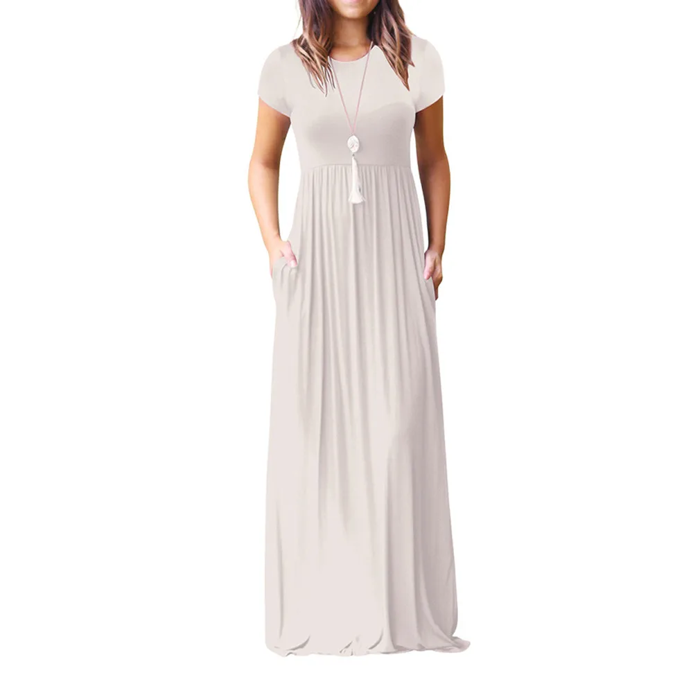 Летнее макси длинное платье для женщин новая мода с коротким рукавом однотонные