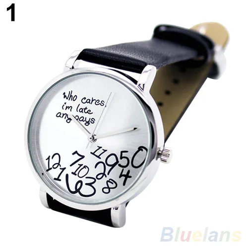 Women's Men's Who Cares Faux Leather Arabic Numerals Letters Printed Wrist Watch hot Bracelet | Наручные часы