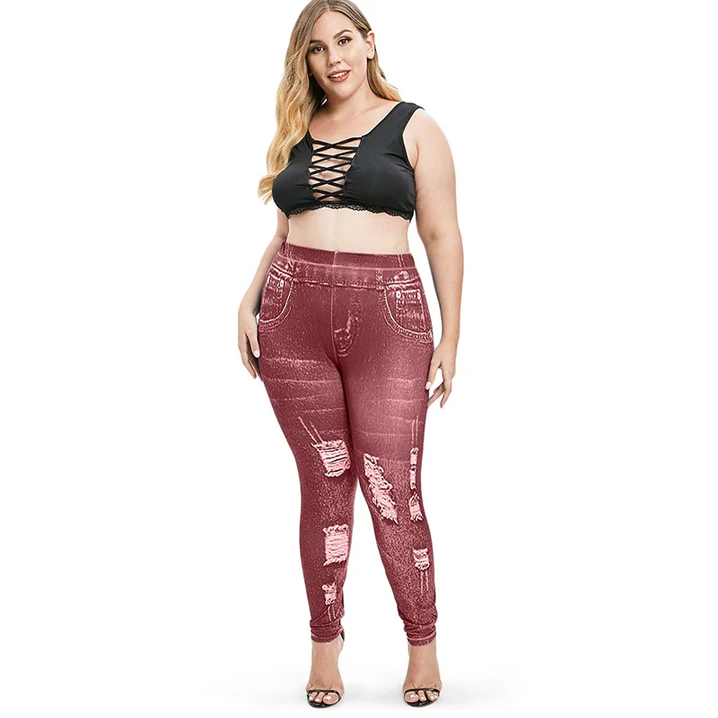 PlusMiss размера плюс 5XL пикантные эластичную искусственную 3D Джинсы Леггинсы Для женщин джинсовые обтягивающие Джеггинсы Высокая Талия плотные леггинсы для девочек большой Размеры XXXXL XXXL XXL