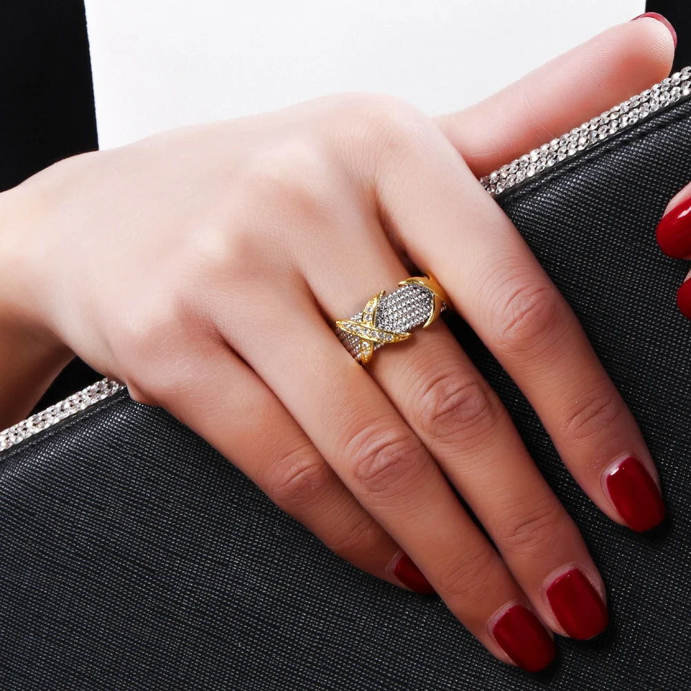 Мода 2 тон пластина кольцо крест дизайн с Потрясающие яркие CZ Кристалл bague femme Анель Модные кольца для женщин