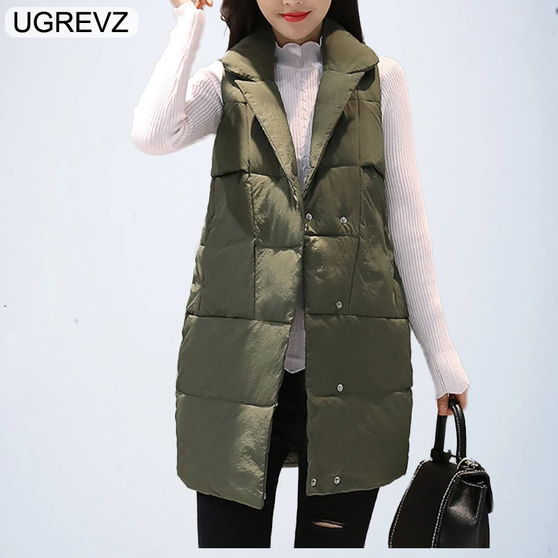 UGREVZ Black New Arrival 2018 Women Winter Vest Long Jacket Sleeveless Hooded Down Cotton Slim Waistcoat Warm | Женская одежда