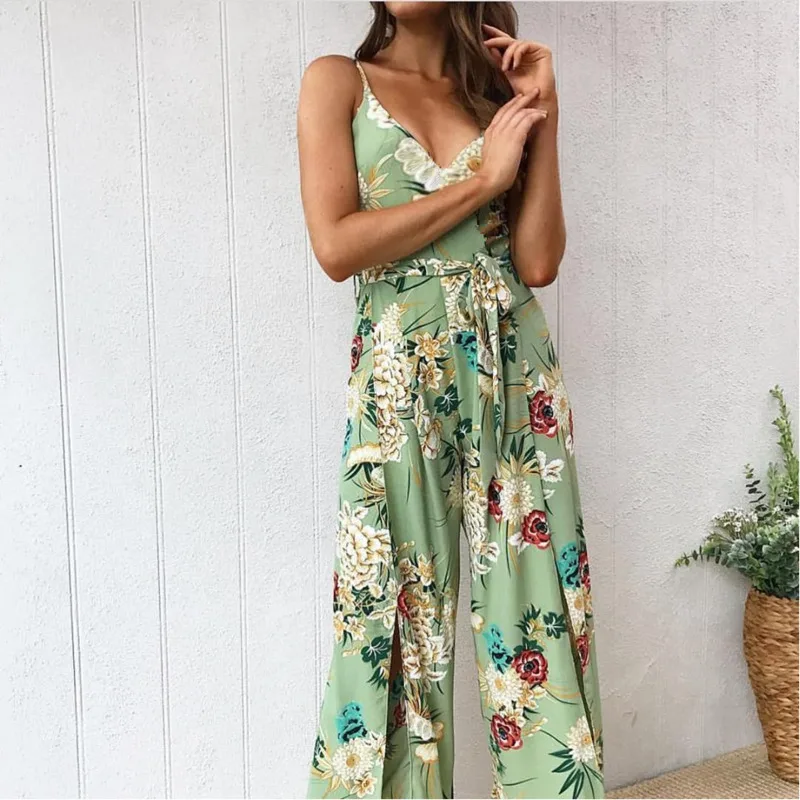 Женский свободный комбинезон с принтом пикантный на бретельках V-образным