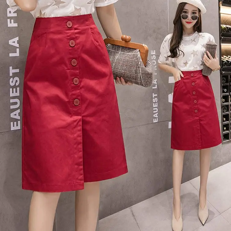 Красный Faldas Mujer Moda, элегантная тонкая женская юбка миди, весна-лето, однобортная юбка, Saia, высокая талия, для офиса, Jupe Femme - Цвет: Красный