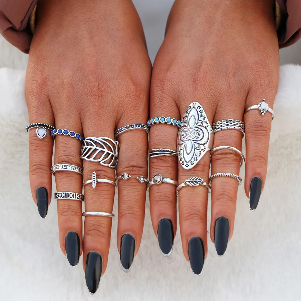 Женский набор колец в стиле лотоса IF YOU винтажных с черным камнем богемном 11