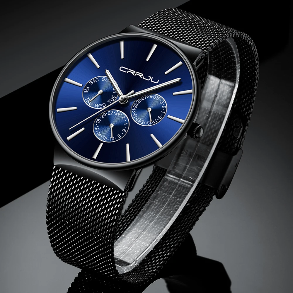 Crrju Fashion Watch Top Brand Luxury 24 Hour Week Date Men's Ultra Thin Men Stainless Steel Waterproof Clock | Наручные часы