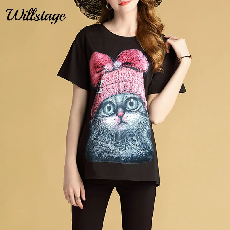 Willstage Женская футболка Летняя повседневная черная с рисунком кота harajuku ancien