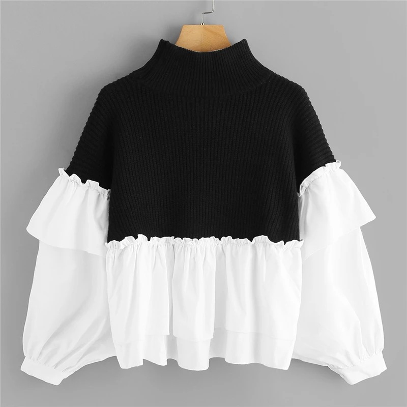 Dotfashion черно-белый двухцветный свитер с рукавом летучая мышь, Женский Повседневный свитер, Осень-зима, одежда с высоким воротом, пуловеры, свитер