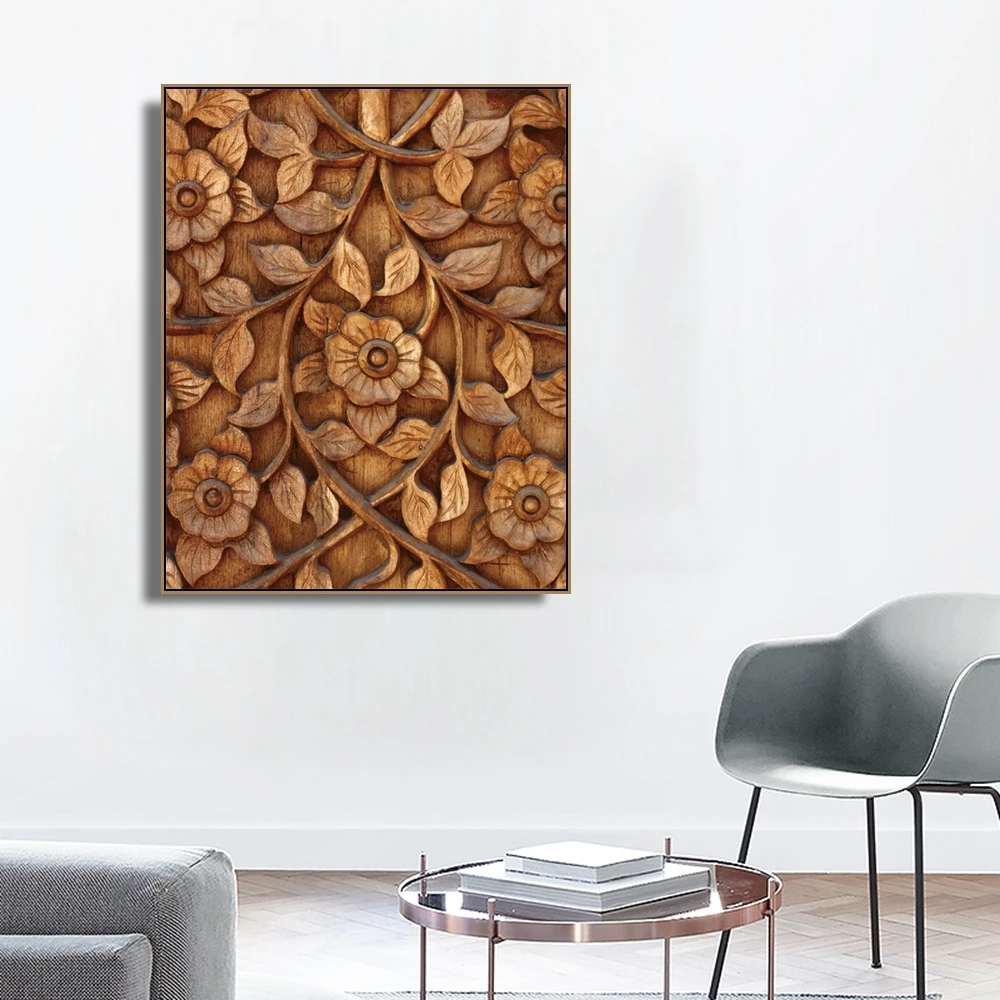 Laeacco Canvas Calligraphy Painting Flower Wood Carving Buddhism Style Posters and Prints Wall Artwork Living Room Home Decor | Дом и сад
