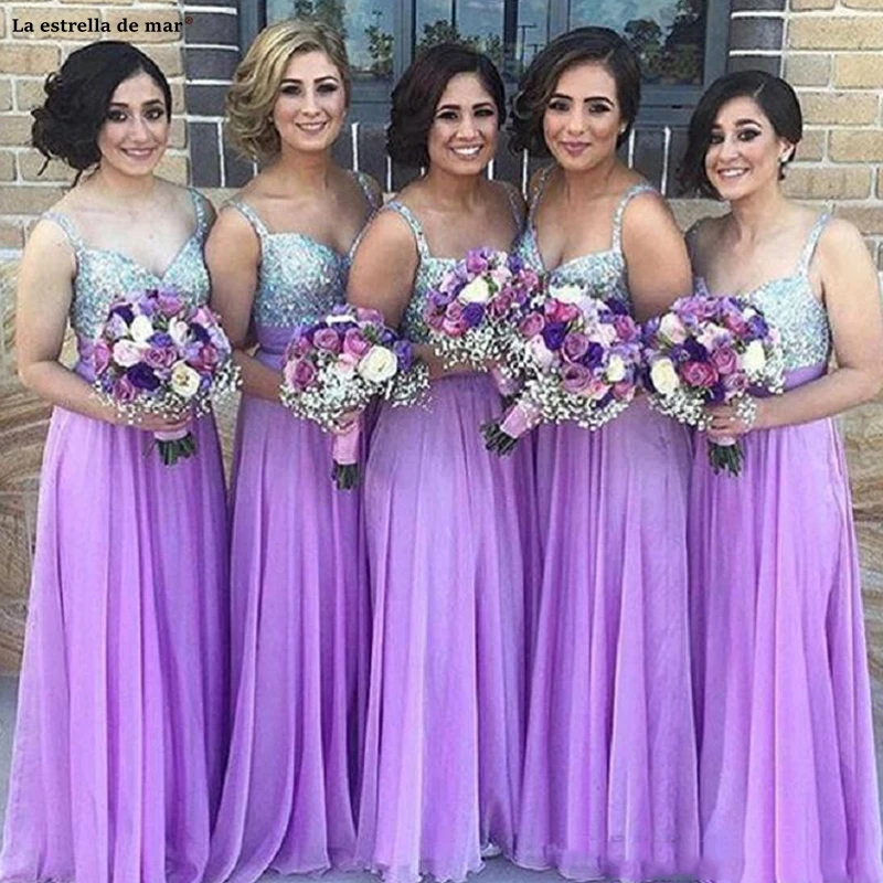 

Vestido boda mujer invitada new chiffon sequins sexy V neck Spaghetti Straps ALine lilac bridesmaid dress long wedding guest