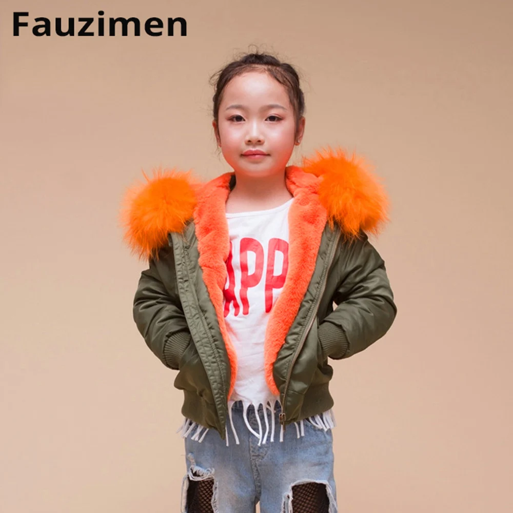 Ветрозащитный детская утепленная мех кролика парки енота меховой воротник Тренч