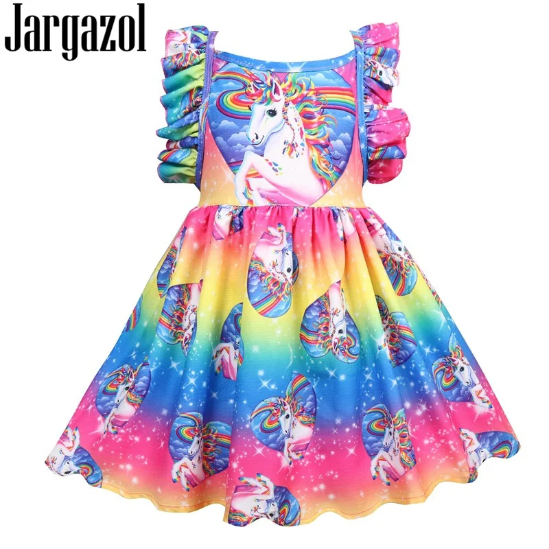 Kids Dresses for Girls Vestidos Summer Backless Cartoon Rainbow Unicorn Party Princess Dress Baby Girl Tutu Costume | Детская одежда и