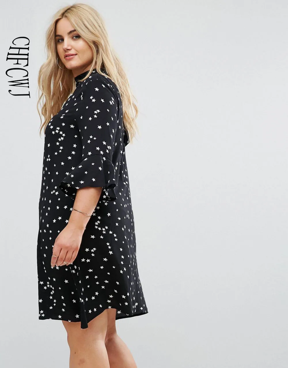 2017 New Womens Plus Size Print Dress Three Quarter Sleeve And Above Knee Empire O-Neck In Summer | Женская одежда