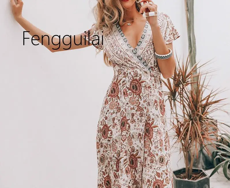 

2019 Vintage floral print summer dress Ruffle split sash sexy long dress Bohemian women dress holiday beach dress vestidos