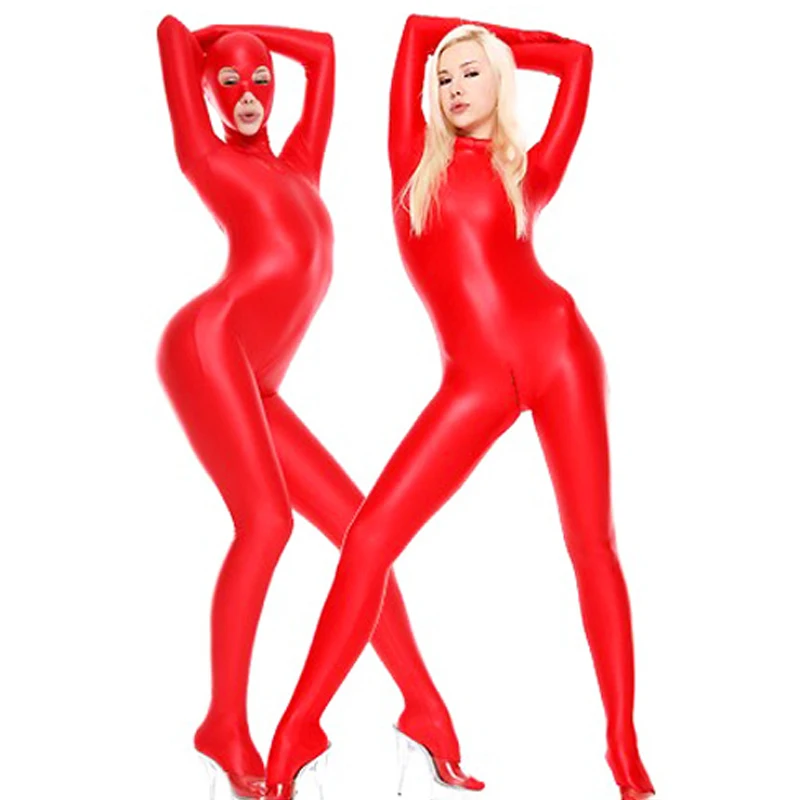 

Cosplay Full Body Shiny Leotard Bodysuit Latex Two Way Zipper Open Crotch Elastic Bodysuit Moto & Biker Club Wear With Mask F170