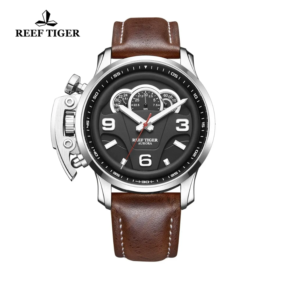Новые спортивные мужские часы Reef Tiger/RT стальные Аналоговые кварцевые с кожаным