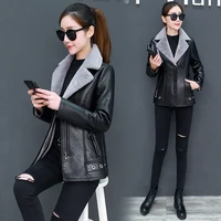 womens leather jacket turn collar thicken plus velvet fur one moto biker female jacket women winter jacket oversize