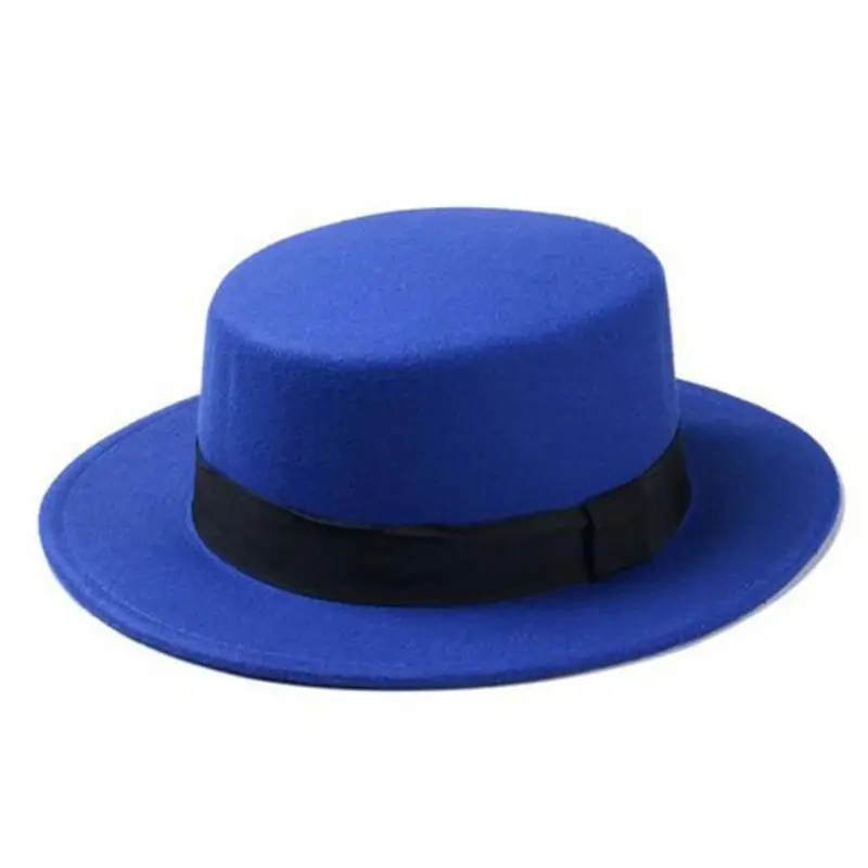 New Fashion Wool Boater Flat Top Hat For Women Felt Wide Brim Fedora |