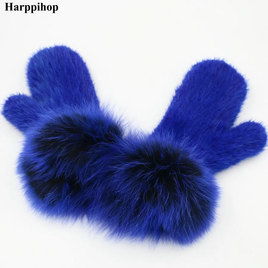 Harpppihop natural mink fur gloves for women winter mitten natural mink knitted mitten fox fur wrist new brand gloves elastic