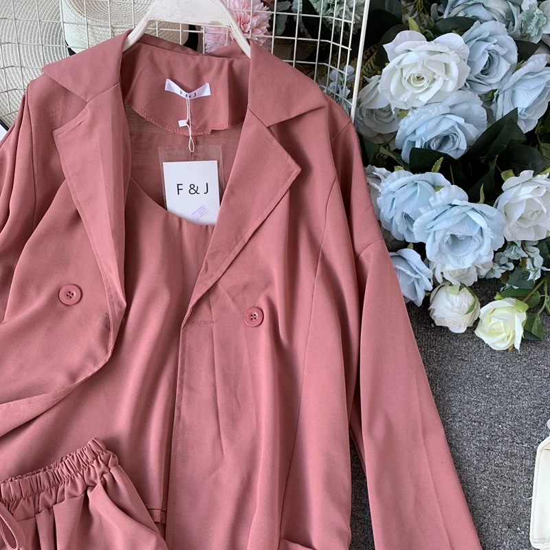 ALPHALMODA Лето Осень женский жакет с длинным рукавом+ топ на бретельках+ шорты повседневный комплект из 3 предметов женский однотонный наряд