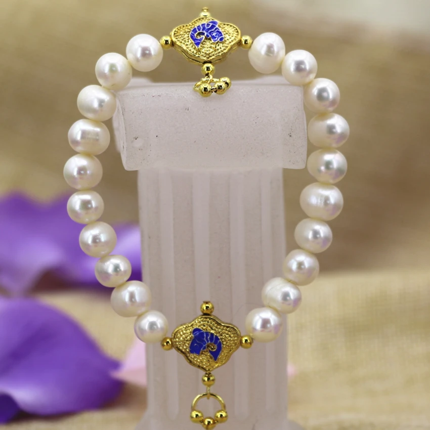 Natural white pearl beads 9-10mm nearround strand bracelet for women fashion gold-color cloisonne spacers jewelry 7.5inch B3099 | Украшения