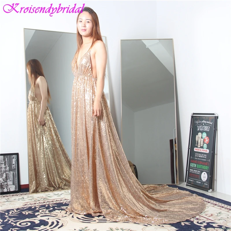HSQ013 New Arrival Open Back Evening Dresses Spaghetti Straps Beautiful A Lince Gold Sequins Lace Gowns Prom 2019 Long | Свадьбы и