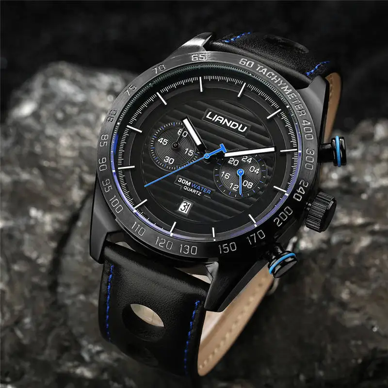 Роскошные мужские часы LIANDU коричневые черные с кожаным ремешком полный