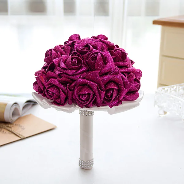 Rose red Блестящий цветок пены Свадебные букеты хрустальные розы цветы Свадебные букеты ручной работы подружки невесты Свадебные аксессуары de mariage - Цвет: Rose red