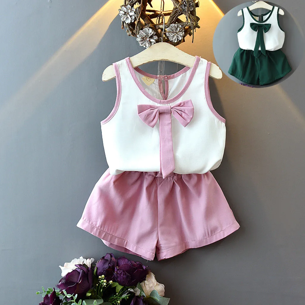 Летний простой костюм новинка 2019 одежда для маленьких девочек жилет с бантом