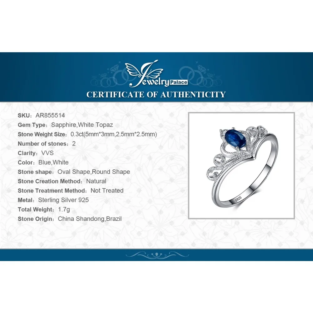 JewelryPalace Корона 0.3ct Овальный Подлинная сапфирами Обручение Юбилей Promise Ring 925