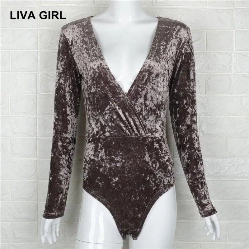 ЛИВА ДЕВУШКА Женщины комбинезон v-ворота Бархат Sexy боди 2017 Длинные рукава