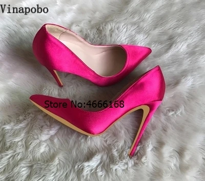 12cm heel Vinapobo/атласные шелковые женские пикантные туфли с острым носком на высоком каблуке-шпильке; элегантные женские свадебные туфли-лодочки без застежки; женская обувь розового цвета - Цвет: 12cm heel