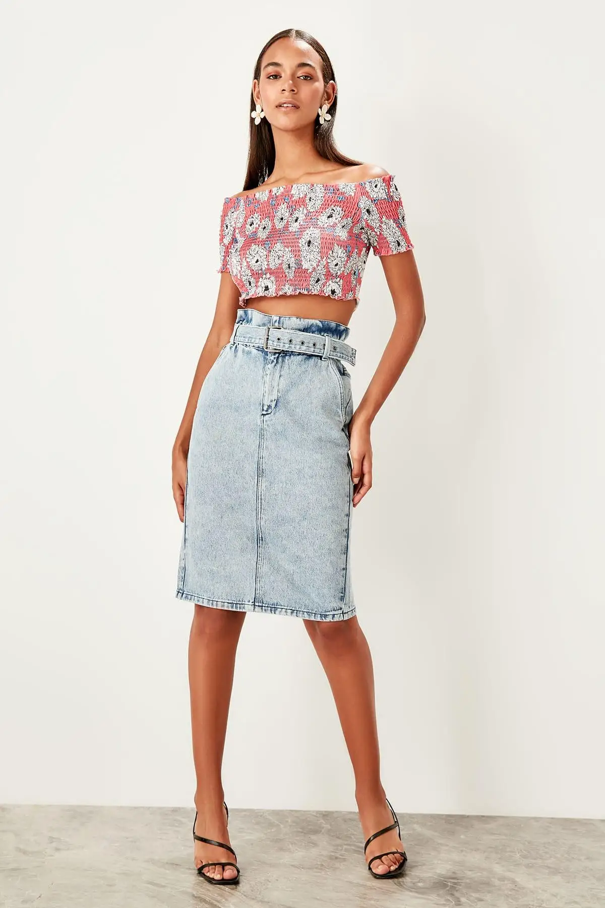 Джинсовая юбка Trendyol Mavi Kemerli Bird Eye TWOSS19ET0047|Женские юбки| |