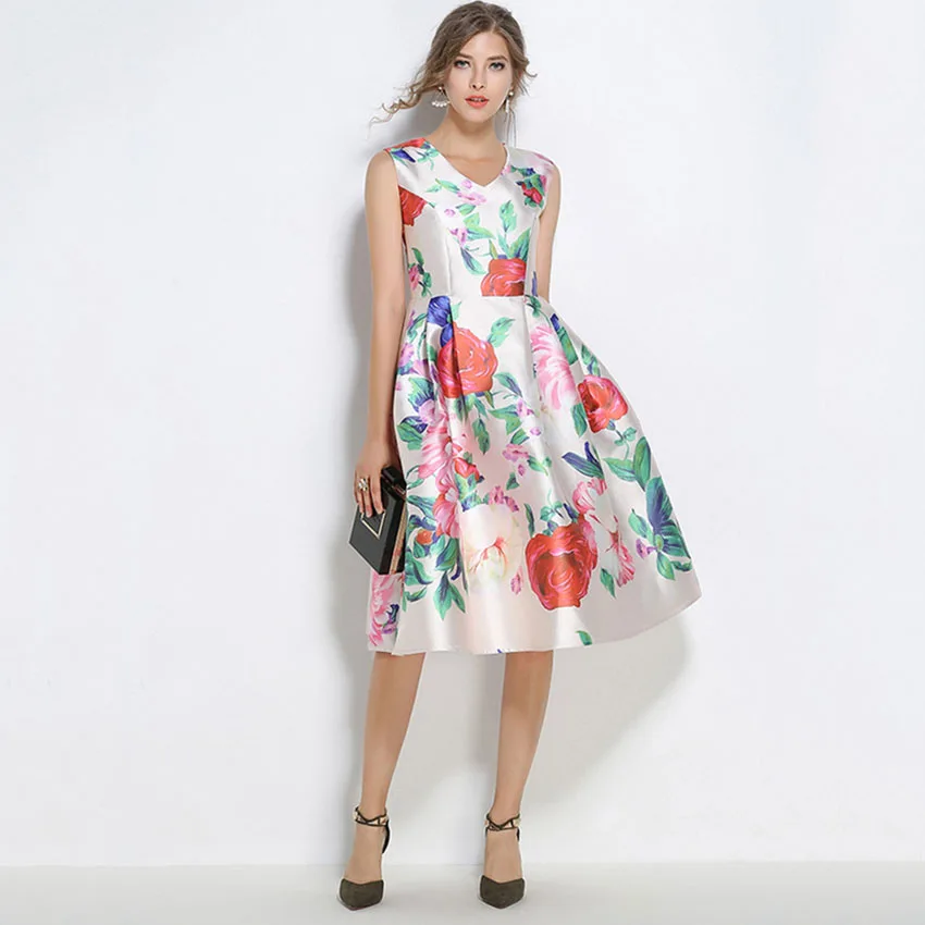 2017 новое модное летнее платье Европейский женский винтажный цветочный принт без