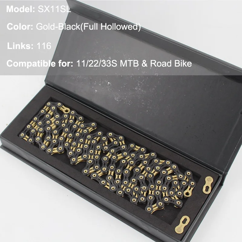 11S SX11SL Gold-BK Сверхлегкий 6/7/8/9/10/11/12 Скорость MTB цепь для дорожного велосипеда Цвет нержавеющая горный велосипед цепи 22 33S полые велосипедных цепей типа - Цвет: 11S SX11SL Gold-BK
