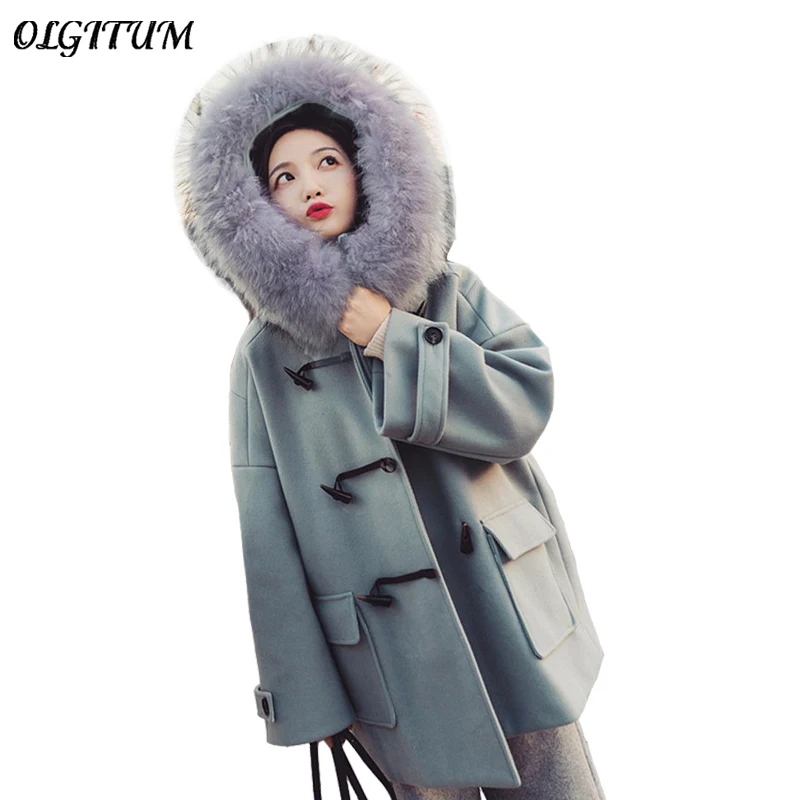 

Fashion horns button hooded woolen coat 2019 winter new real fox fur collar woolen jacket Women loose parka woolen coat