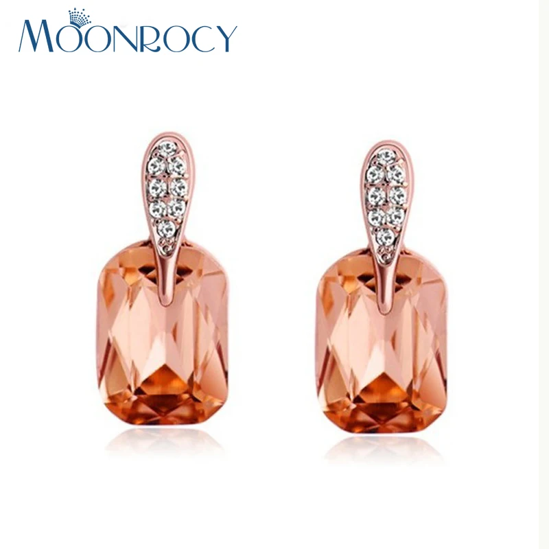 MOONROCY Women's Rose Gold Crystal Earrings, Square Champagne Brown Jewelry Gift image 6