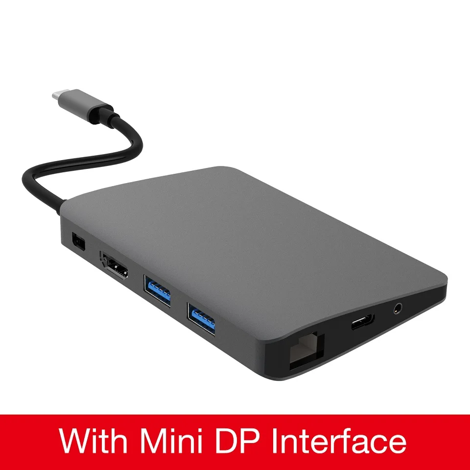 Черный JZYuan USB C док-станция для ноутбука для Macbook Pro Кабель-Переходник USB C на HDMI дисплейный порт MiniDP типа 4 K RJ45 Gigabit LAN USB 3,0 Тип C PD для samsung S9 - Цвет: Черный