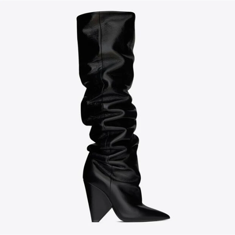 BuonoScarpe Leather Knee High Boots Woman Pointed Toe Strange High Heel Shoes Women Chic Spike Heel Long Pleated Boots New
