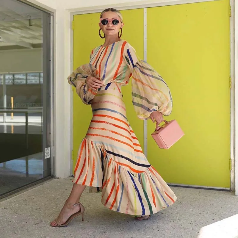 2019 Весна Лето рукава-фонарики Полосатое Платье с принтом Темперамент
