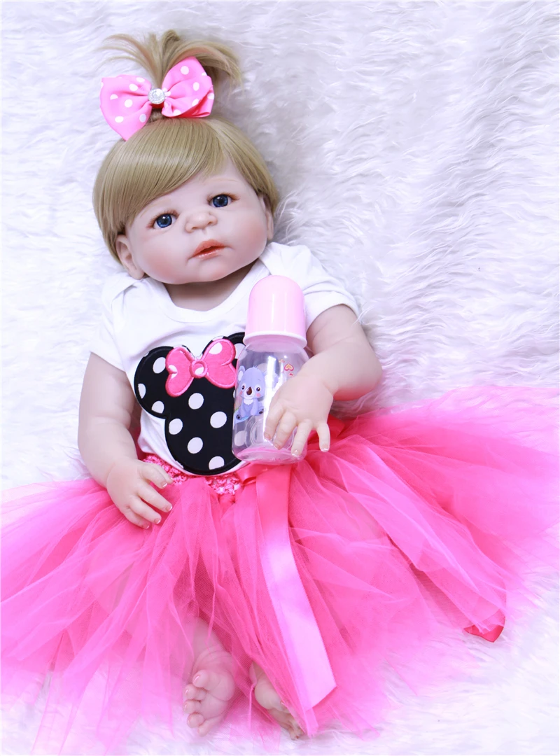 

22'' Real full silicone reborn baby dolls lovely princess girl baby dolls blonde hair blue/brown eyes kids bebe gift bonecas