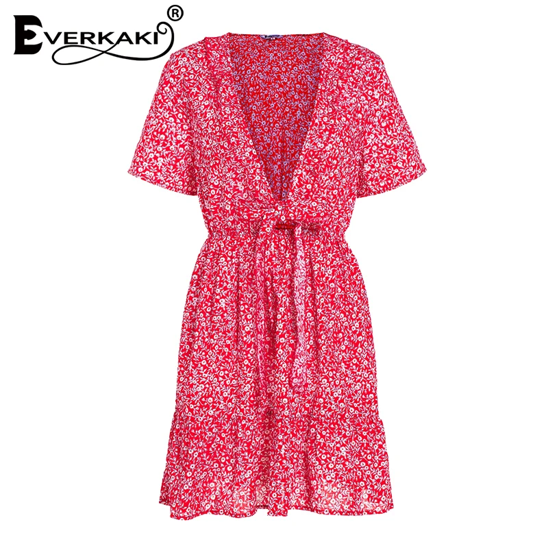 Everkaki Boho мини-платье с принтом женское платье эластичной талией и v-образным