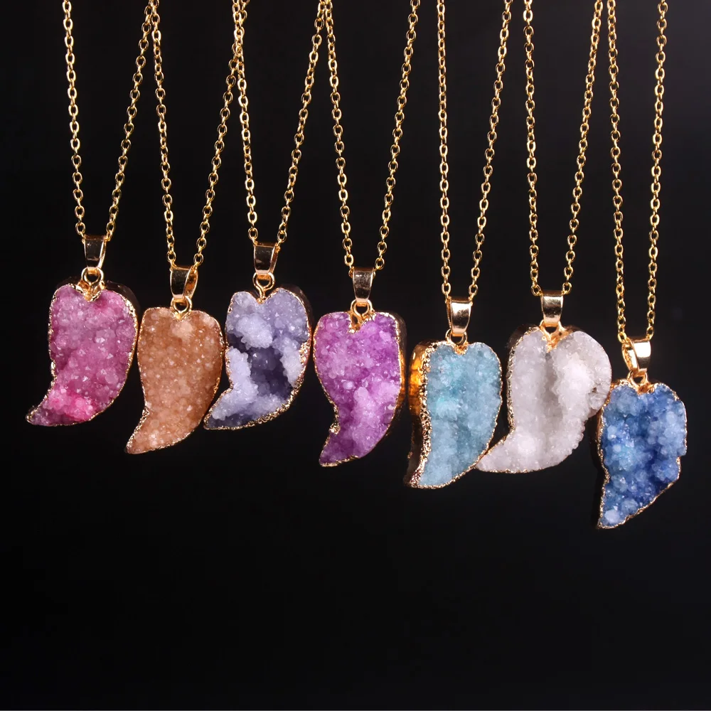 Золото Цвет Природный Geode Полумесяца Drusy Druzy Кристалл Цепочки и ожерелья ful кварц