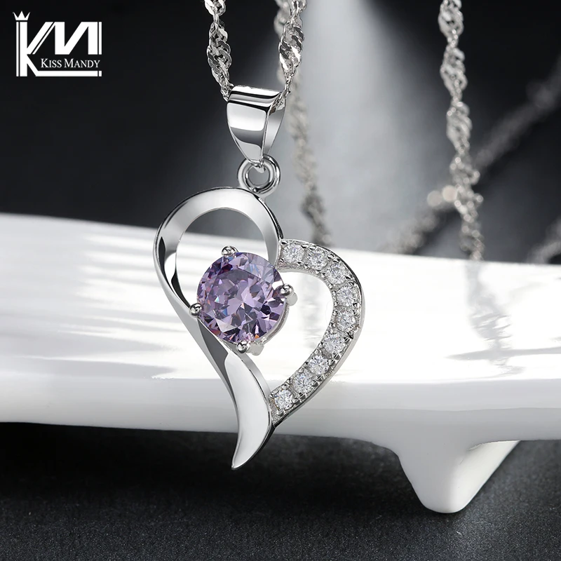 Поцелуй Мэнди Серебряный Романтический Сердце Ожерелье с Фиолетовый Ясно CZ для