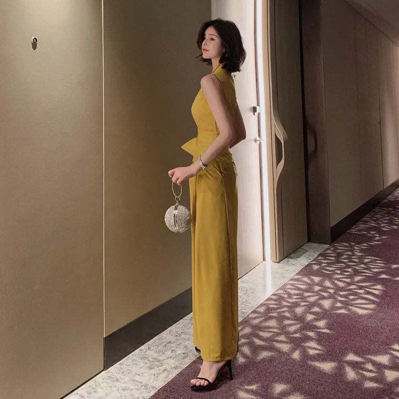 Длинные Комбинезоны сексуальный женский желтый комбинезон лето 2019 v-образный
