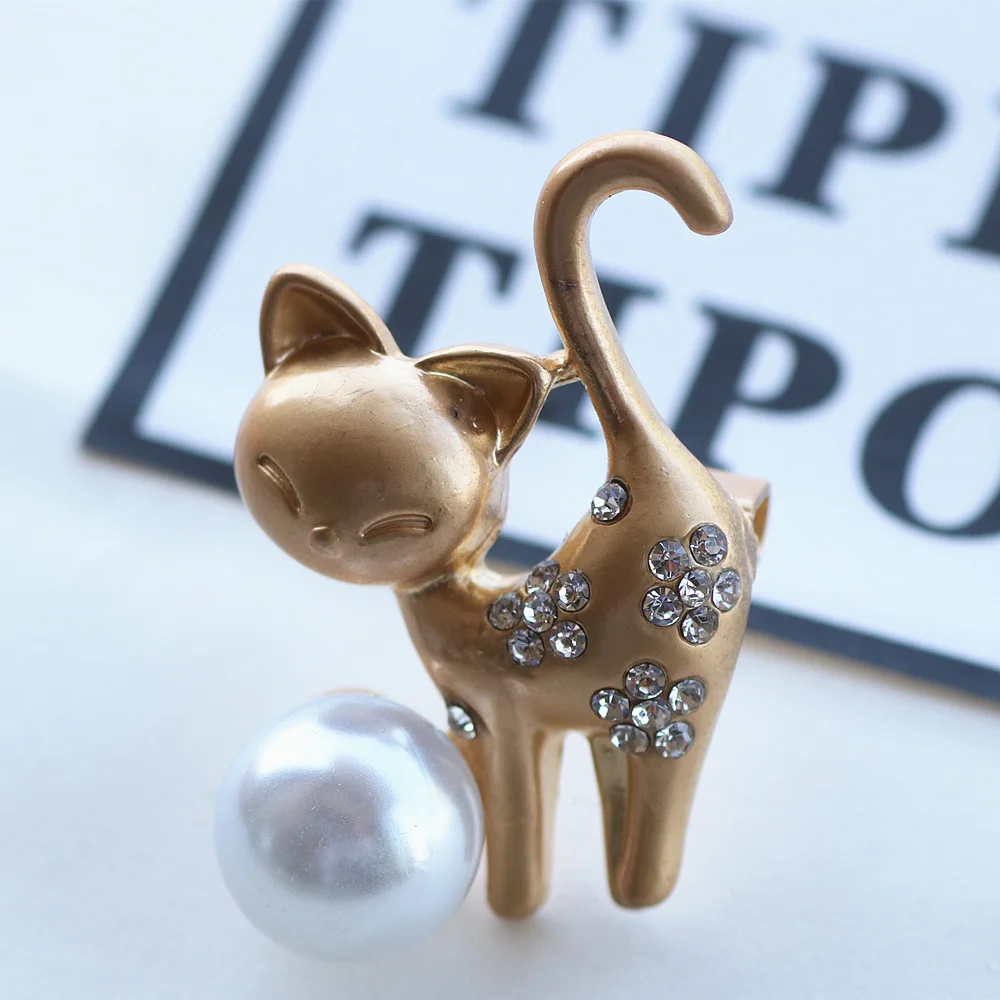 PULATU 2018 Cute Cat Brooch Pins Women Zinc Alloy Rhinestone Inlay Pearl Brooches Child Birthday Gifts Clothing Accessories | Украшения и