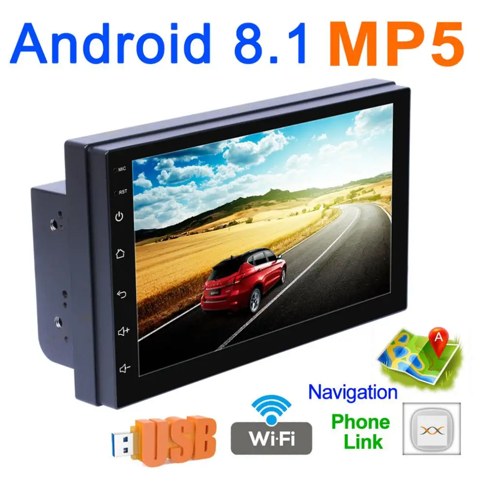 7 дюймовый Bluetooth Android 8 1 2 DIN четырехъядерный автомобильный Mp5 плеер GPS навигация AM/FM