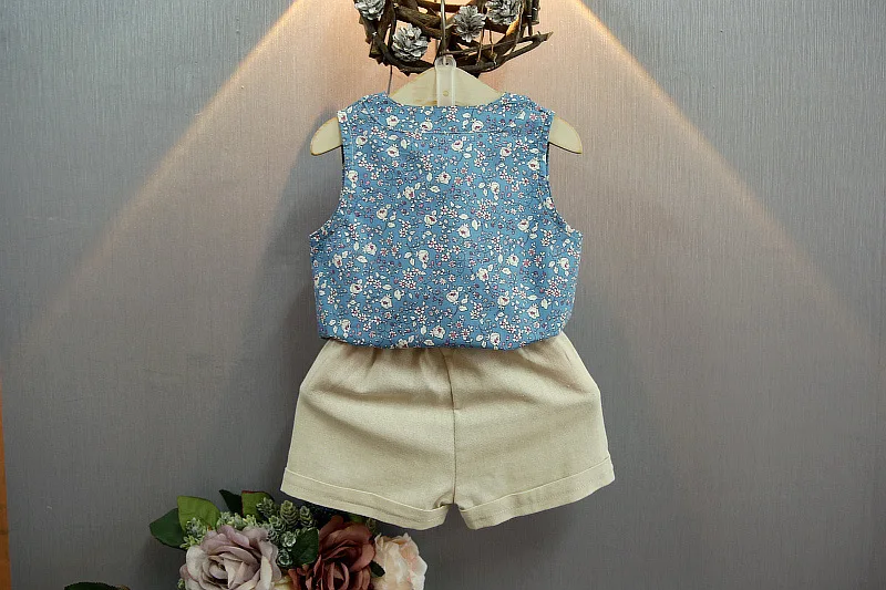 2018 Новый стильный костюм с цветочным принтом для девочек шорты без рукавов