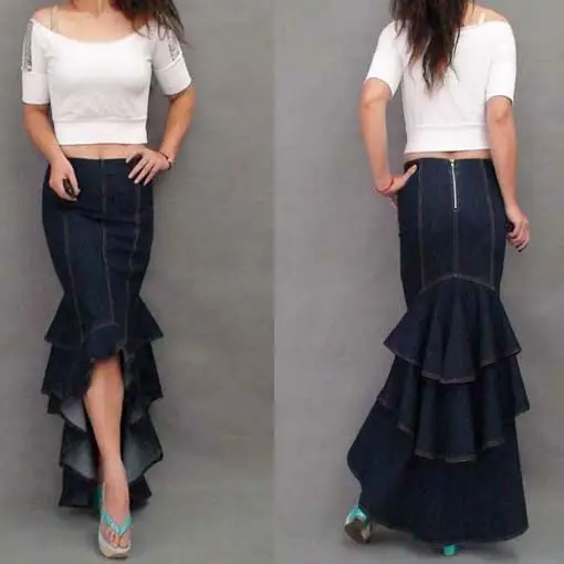 Женская джинсовая юбка-годе голубая длинная юбка с оборками спереди и сзади